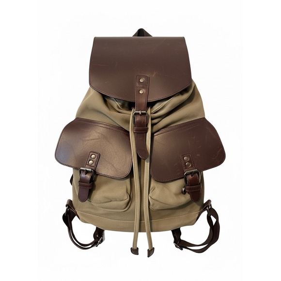 Other - Canvas Leather‎ Trim Flap Top Drawstring Backpack Khaki Brown Vtg Style School